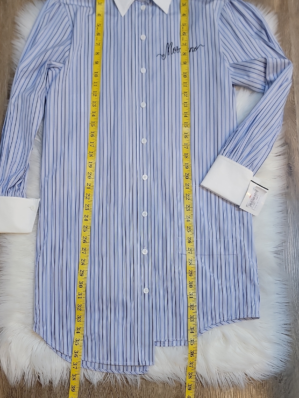 Moschino Couture!  Light Blue & White Striped Asymmetrical Shirt Dress - Picture 9 of 12